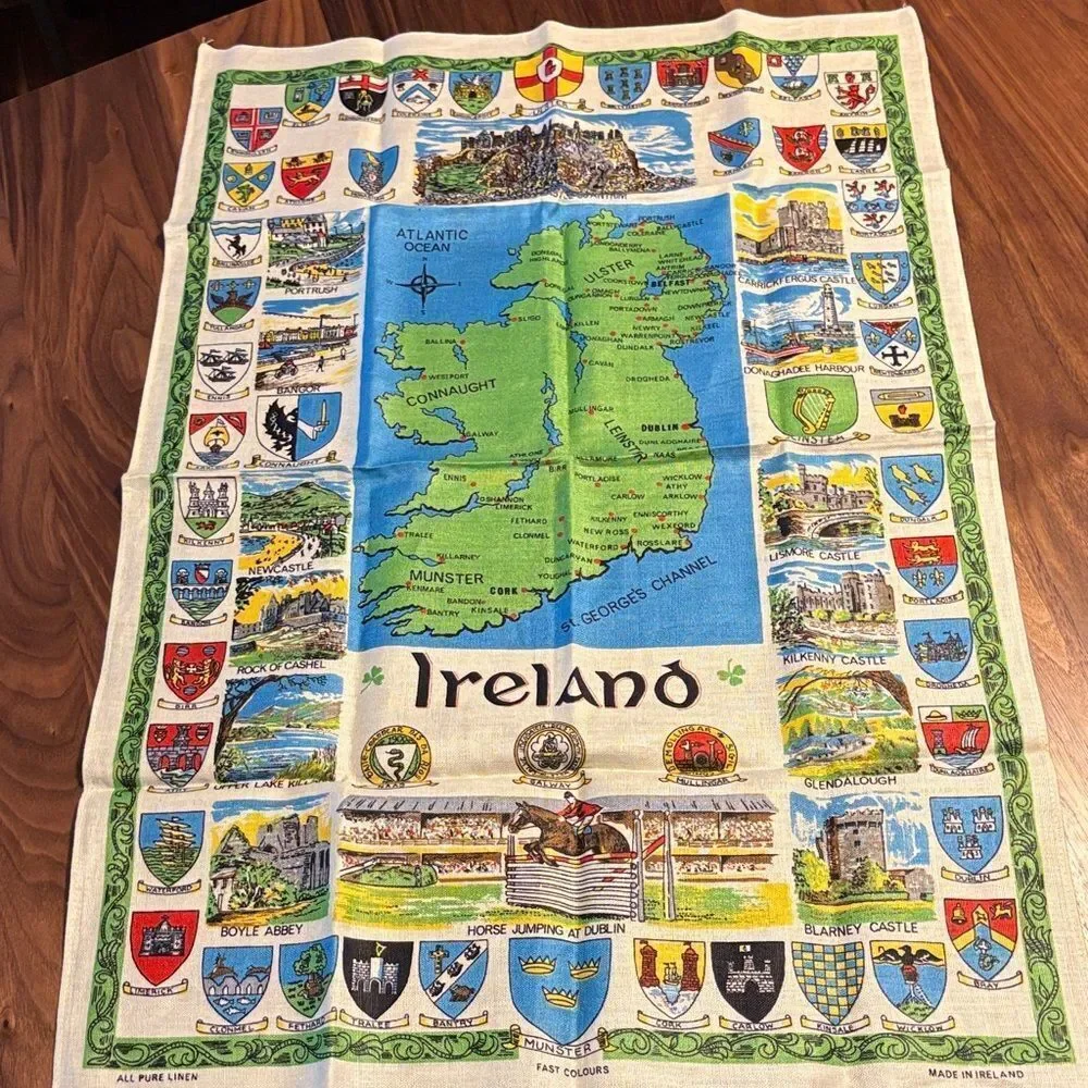 Vintage Irish Linen Tea Towel featuring Ireland Map and Crests Tea Towel